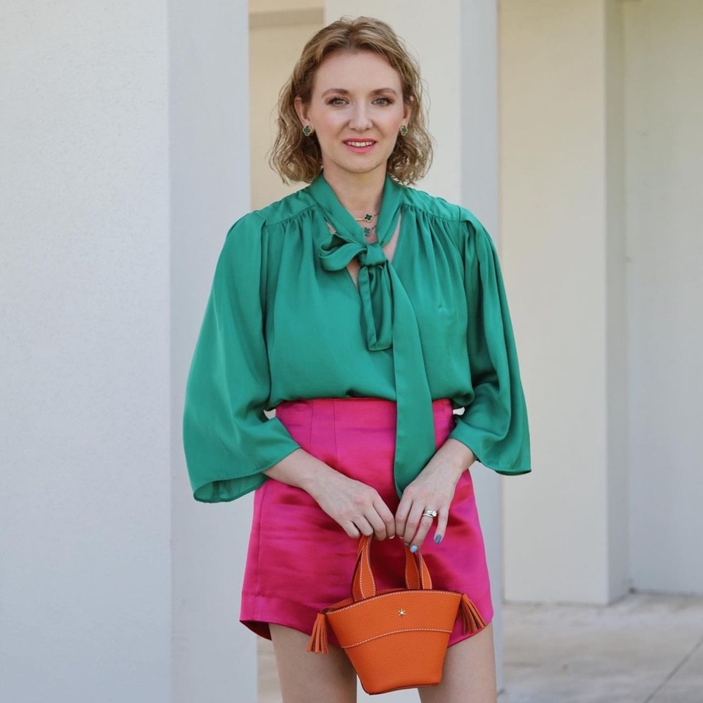 Zara green satin blouse with the bow, size S